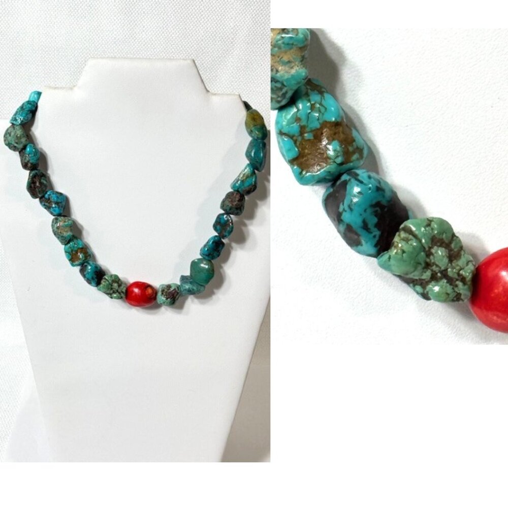 Vintage turquoise, coral and sterling silver 18" chunky statement necklace.